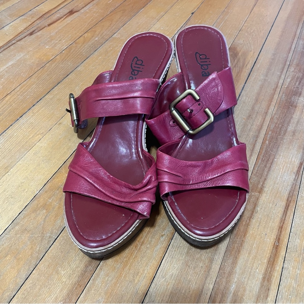 COPY - Diba Burgundy Leather Platform Heel Sandals - Silver Buckle - Size 8.5
